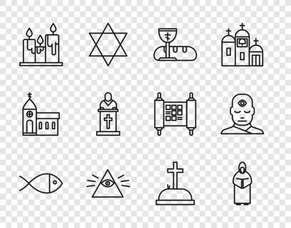 Set line Christian fish, Monk, First communion symbols, Masons, Burning candles, Church pastor preaching, Tombstone with cross and Man third eye icon. Vector — Stockvektor