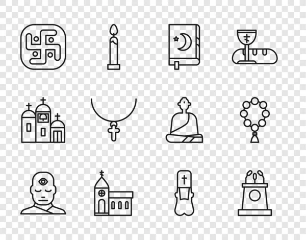 Set line Man with third eye, Stage stand or tribune, Holy book of Koran, Church building, Jainism, Christian cross on chain, Priest and Rosary beads religion icon. Vector — Stockvektor