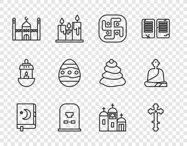 Set line Holy book of Koran, Christian cross, Jainism, Tombstone with RIP written, Muslim Mosque, Easter egg, Church building and Buddhist monk icon. Vector — Stockvektor