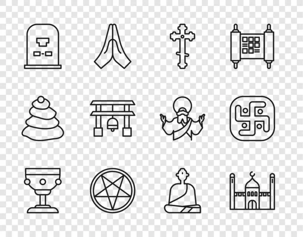 Establecer línea Cáliz cristiano, Mezquita musulmana, cruz, Pentagrama en círculo, lápida con RIP escrito, Japan Gate, monje budista y el icono del jainismo. Vector — Vector de stock