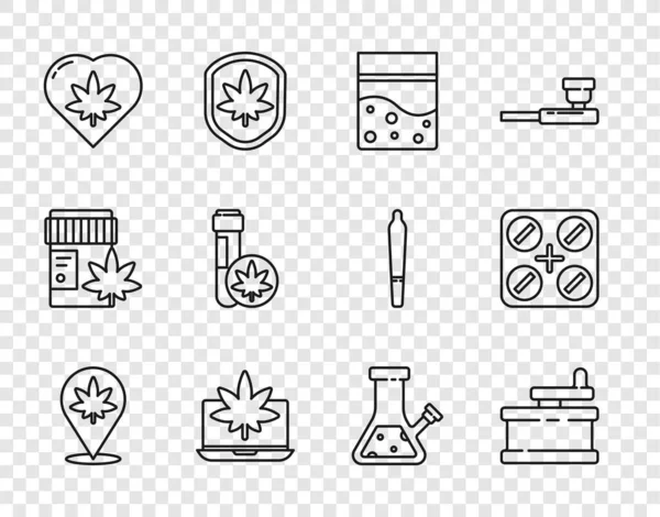 Set line Location and marijuana, Manual grinder, Plastic bag of cannabis, Laptop or, Marijuana leaf heart, Chemical test tube with, Glass bong for smoking and Medical pills icon. Vector — Vettoriale Stock