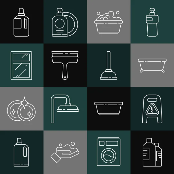 Set line Bottles for cleaning agent, Wet floor and progress, Bathtub, Plastic basin with soap suds, Rubber cleaner windows, Cleaning service, Fabric softener and plunger icon. Vector — Stockvektor