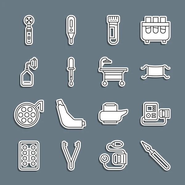 Set line Medical surgery scalpel, Blood pressure, protective mask, Test tube with blood, Pipette, oxygen, Electric toothbrush and Operating table icon. Vector — Stock vektor