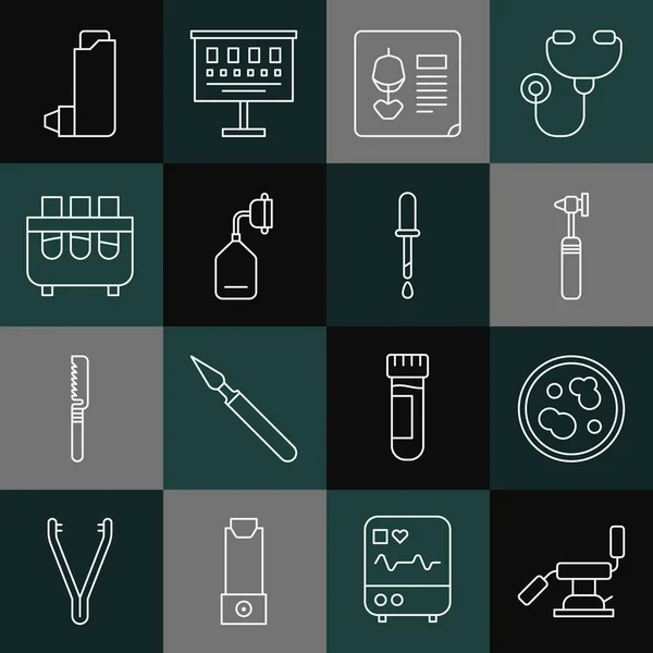 Set line Medical dental chair, Petri dish with bacteria, otoscope tool, X-ray shots, oxygen mask, Test tube and flask, Inhaler and Pipette icon. Vector — 스톡 벡터