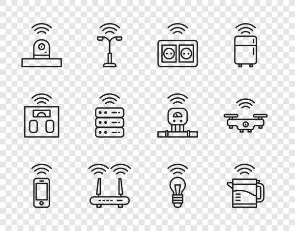 Set line Wireless smartphone, Smart electric kettle, electrical outlet, Router and wi-fi signal, security camera, server, light bulb and drone icon. Vector — Stockvector