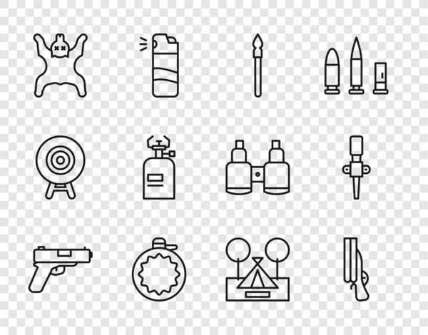 Set line Pistol or gun, Shotgun, Medieval spear, Canteen water bottle, Bear skin, Camping gas stove, Tourist tent and Torch flame icon. Vector — Stockvector