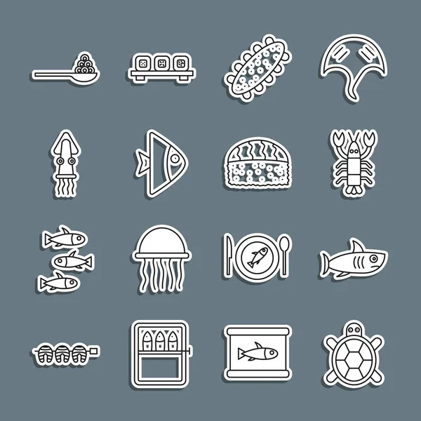Set line Turtle, Shark, Lobster, Sea cucumber, Fish, Octopus, Caviar on spoon and Sushi icon. Vector — Archivo Imágenes Vectoriales