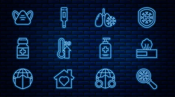 Set line Virus under magnifying glass, cells lung, High human body temperature, Medicine bottle and pills, Medical protective mask, Liquid antibacterial soap and thermometer icon. Vector — 스톡 벡터