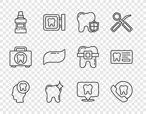 Set line Human head with tooth, Online dental care, Dental protection, Tooth whitening, Mouthwash bottle, Toothpaste, clinic location and card icon. Vector — Image vectorielle