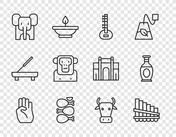 인도 상징의 손, 팬 플 룻, 시 타르, 탄두리 닭, 코끼리, 몽키, 소, 꽃병의 아이콘을 배열 한다. Vector — 스톡 벡터