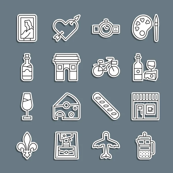 Fransız basını, kahve dükkanı, peynirli şarap şişesi, kol saati, Zafer Kemeri, Şişe şarabı, Portre müzesi ve bisiklet ikonu. Vektör