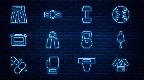 Japon kostüm Kimono, zil, Dumbbell, spor açıcı, Stopwatch, kısa boks, kettlebell ve kemer ikonu. Vektör