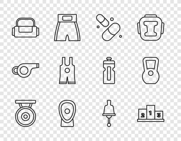 Set line Gong, Award over sports winner podium, Vitamin pill, Boxing training paws, Sport bag, Wrestling singlet, Ringing bell and Kettlebell icon. Vector — стоковий вектор