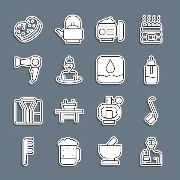 Set line Man in the sauna, Sauna ladle, Essential oil bottle, Cream or lotion cosmetic tube, Hair dryer, Bath sponge and Water drop icon. Vector — Vettoriale Stock