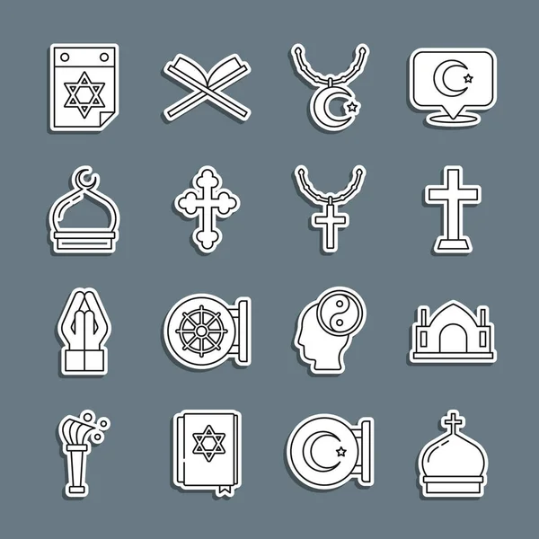 Set line Church tower, Hindu spiritual temple, Christian cross, Star and crescent on chain, Muslim Mosque, Jewish calendar and icon. Vector — Stock Vector
