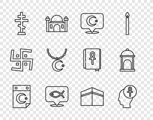 Set line Star and crescent, Cross ankh, Christian fish, cross, on chain, Kaaba mosque and Muslim Mosque icon. Vector — Stockvektor