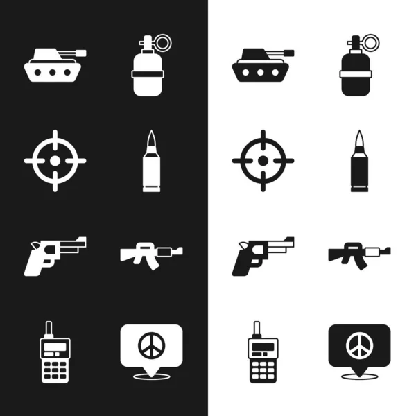 Set Bullet, Target sport, Military tank, Hand grenade, Pistol gun, M16A1 rifle, Location peace and Walkie talkie icon. Vector Stock Illustration