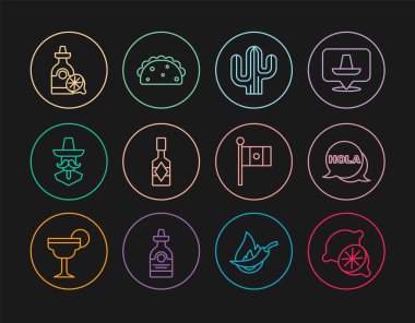 Set line Lime, Hola, Cactus, Tabasco sauce, Mexican man sombrero, Tequila bottle with lemon, Mexico flag and Taco tortilla icon. Vector