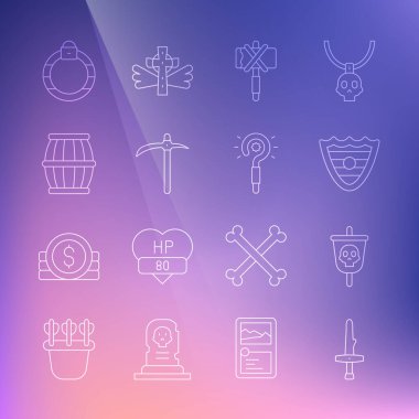 Hançer, Korsan bayrağı, Kalkan, Ortaçağ baltası, Kazma, Barut namlusu, Sihirli Taş yüzük ve asa ikonu. Vektör