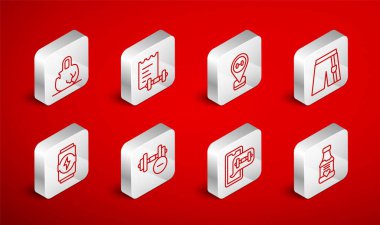 Vitaminler, spor eğitim programı, konum spor salonu, kısa pantolon, fitness uygulaması, bozuk ağırlık, Dumbbell ve Enerji içeceği ikonu. Vektör