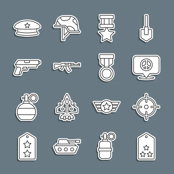 Set line Military rank, Target sport, Location peace, reward medal, Submachine gun, Pistol, beret and icon. Vector — Stock Vector