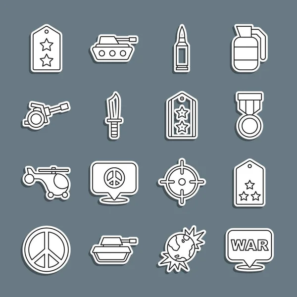 Set line The word war, Military rank, reward medal, Bullet, knife, Howitzer, and icon. Vector - Stok Vektor