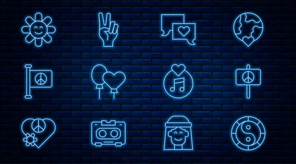 Yin Yang sembolü, Barış, Konuşma balonu sohbeti, Balonlar, Bayrak barışı, Çiçek, Vinil disk ve ikonu ayarlayın. Vektör