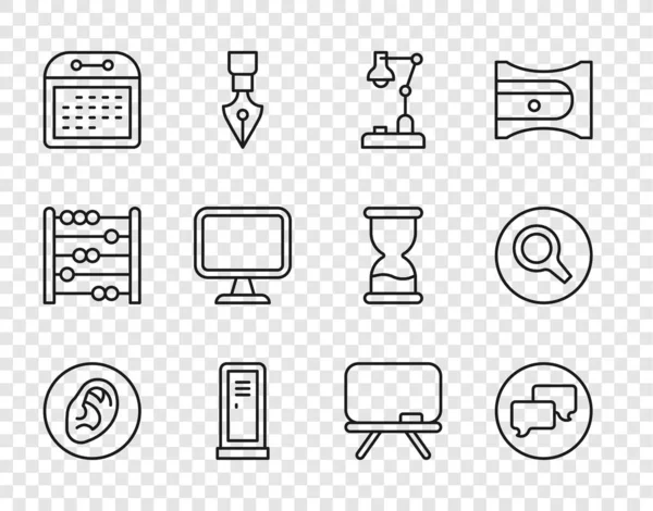 Set line Ear listen sound signal, Speech bubble chat, Table lamp, Locker or changing room, Calendar, Computer monitor, Chalkboard and Magnifying glass icon. Vector — Stockvector
