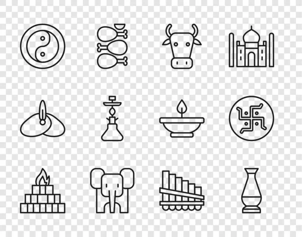 Set line Yagna, vase indien, vache, éléphant, Yin Yang, narguilé, flûte traversière et icône swastika hindoue. Vecteur — Image vectorielle
