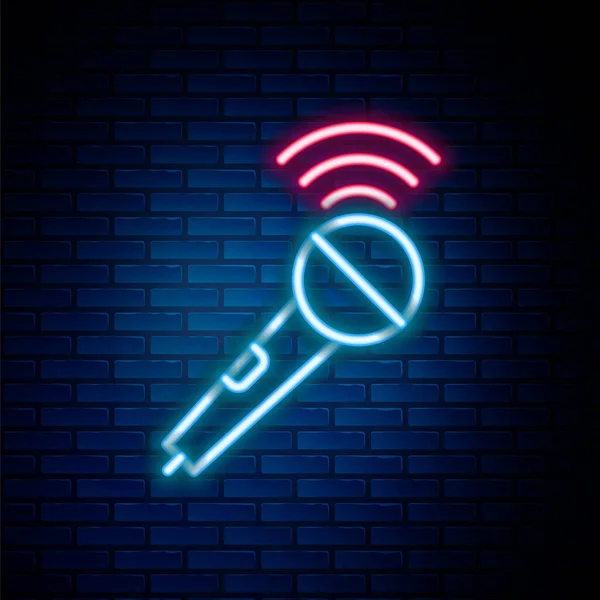 Glowing neon line Wireless microphone icon isolated on brick wall background. On air radio mic microphone. Speaker sign. Colorful outline concept. Vector — Stock Vector