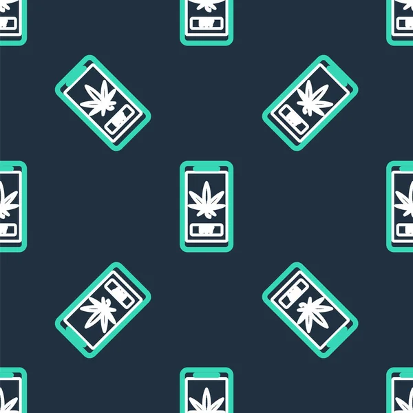 Telepon seluler dan mariyuana medis atau ikon daun kanabis mengisolasi pola mulus pada latar belakang hitam. Online membeli simbol. Keranjang supermarket. Vektor - Stok Vektor