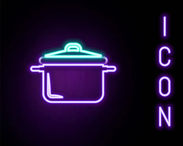 Glödande neon linje Matlagning pot ikon isolerad på svart bakgrund. Koka eller gryta mat symbol. Färgstarkt skisskoncept. Vektor — Stock vektor
