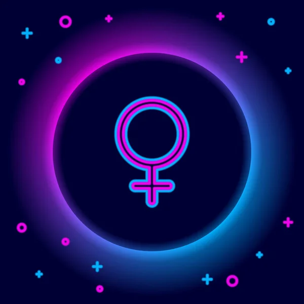 Glowing neon line Female gender symbol icon isolated on black background. Venus symbol. The symbol for a female organism or woman. Colorful outline concept. Vector — Stock Vector