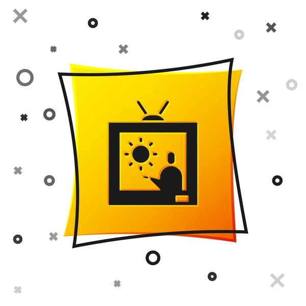 Μαύρο εικονίδιο καιρού απομονωμένο σε λευκό φόντο. Κουμπί κίτρινο τετράγωνο. Εικονογράφηση διανύσματος — Διανυσματικό Αρχείο