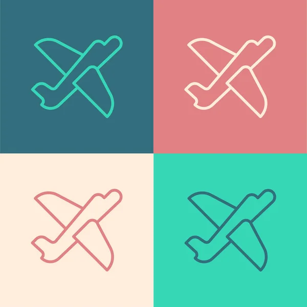 Pop Art Linie Toy plane Symbol isoliert auf farbigem Hintergrund. Fliegende Flugzeug-Ikone Verkehrszeichen. Vektor — Stockvektor