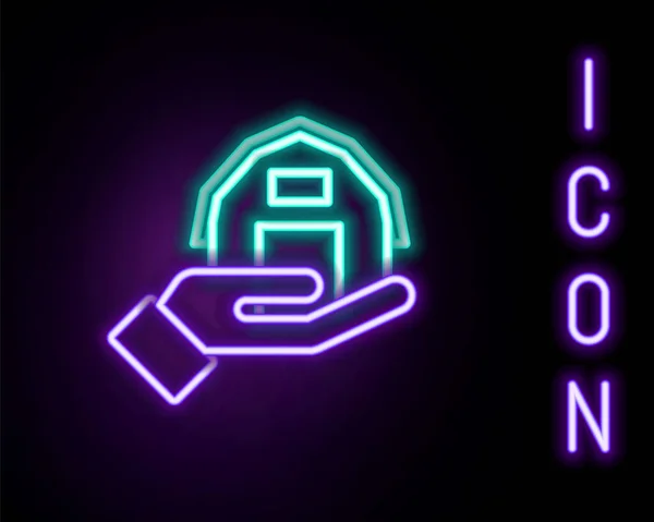 Glowing neon line Farm house in hand icon isolated on black background. Colorful outline concept. Vector — Image vectorielle
