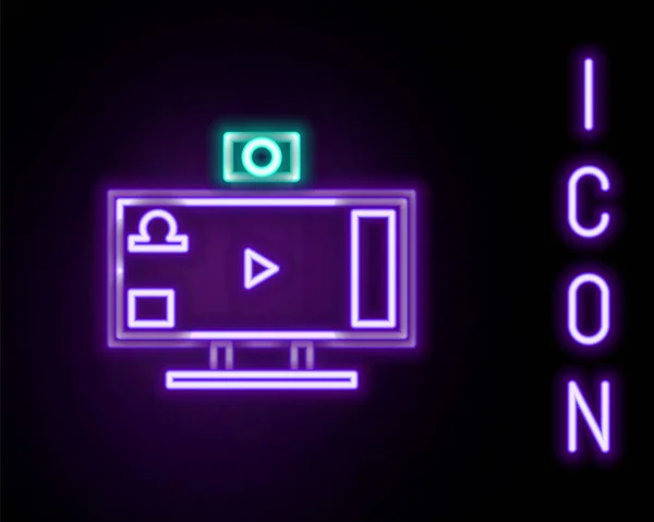 Línea de neón brillante Icono de reproducción de videojuegos en vivo en streaming aislado sobre fondo negro. Concepto de esquema colorido. Vector — Archivo Imágenes Vectoriales