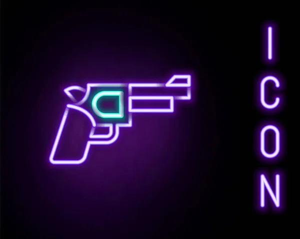 Gloeiende neon lijn Pistol of pistool pictogram geïsoleerd op zwarte achtergrond. Politie of militair pistool. Klein vuurwapen. Kleurrijk concept. Vector — Stockvector