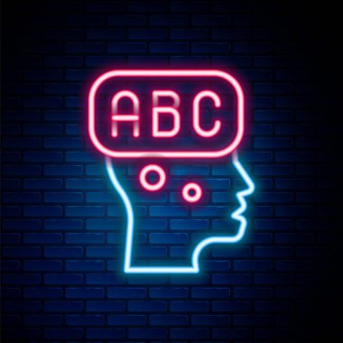 Glowing neon line Learning foreign languages icon isolated on brick wall background. Colorful outline concept. Vector