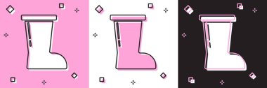 Su geçirmez lastik bot simgesini pembe beyaz ve siyah arkaplanda izole et. Yağmurlu hava, balıkçılık, bahçe işleri için çizme. Vektör