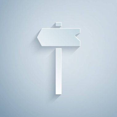 Kağıt kesiği trafik levhası. Gri arkaplanda sinyal simgesi izole edildi. İşaretçi sembolü. İzole sokak bilgi levhası. Yön tabelası. Kağıt sanatı tarzı. Vektör