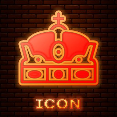 Glowing neon Crown of spain icon isolated on brick wall background. Vector
