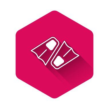 Yüzme ikonu için uzun gölgeli beyaz plastik yüzgeçler. Dalış ekipmanları. Olağanüstü bir spor. Su altı ekipmanları. Pembe altıgen düğmesi. Vektör