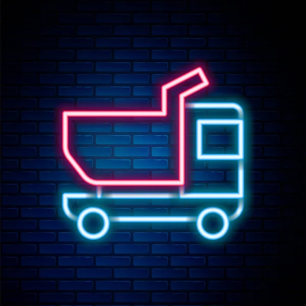 Glowing neon line Toy truck icon isolated on brick wall background. Colorful outline concept. Vector — Image vectorielle