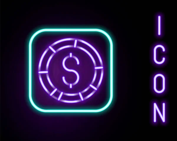 Gloeiende neon lijn Muntgeld met dollarsymbool pictogram geïsoleerd op zwarte achtergrond. Bancaire munt teken. Contant symbool. Kleurrijk concept. Vector — Stockvector