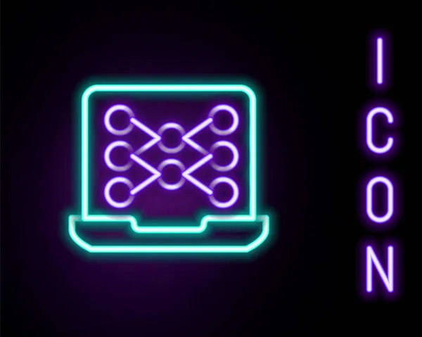 Leuchtende Neon-Linie Neuronales Netzwerk-Symbol isoliert auf schwarzem Hintergrund. Künstliche Intelligenz. Buntes Rahmenkonzept. Vektor — Stockvektor