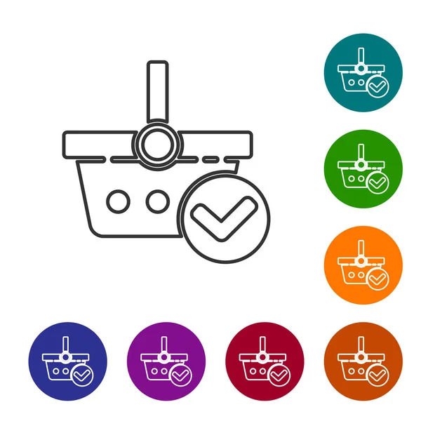 Zwarte lijn Winkelwagen met vinkje pictogram geïsoleerd op witte achtergrond. Supermarkt mand met goedgekeurde, bevestigen, aanvinken, voltooid. Stel pictogrammen in de kleur cirkel knoppen. Vector Illustratie — Stockvector