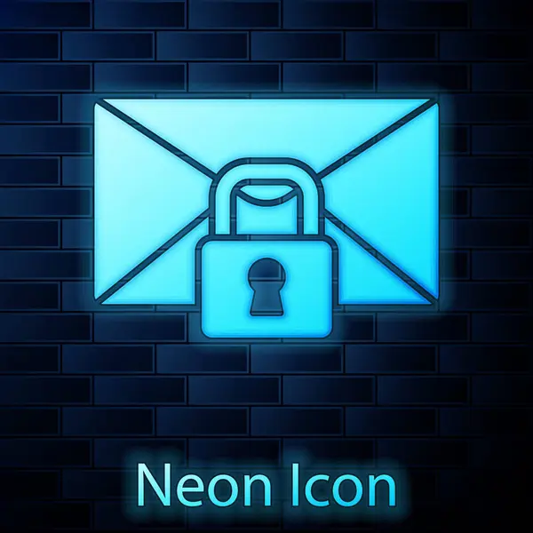 Glowing neon Mail message lock password icon isolated on brick wall background. Obálka s visacím zámkem. Soukromá, bezpečnostní, zabezpečená, ochrana, soukromí. Vektor — Stockový vektor