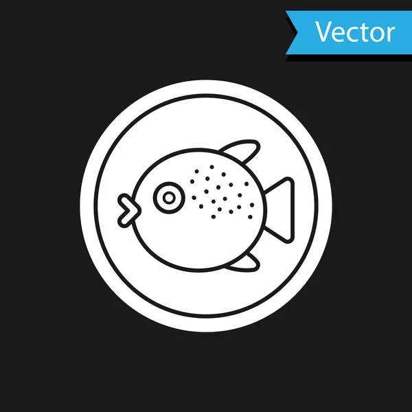White Puffer fish on a plate icon isolated on black background. Fugu fish japanese puffer fish. Vector. — Vetor de Stock
