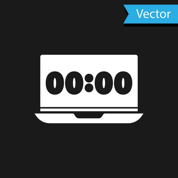 White Clock on laptop screen icon isolated on black background. Schedule concepts. Vector — стоковый вектор